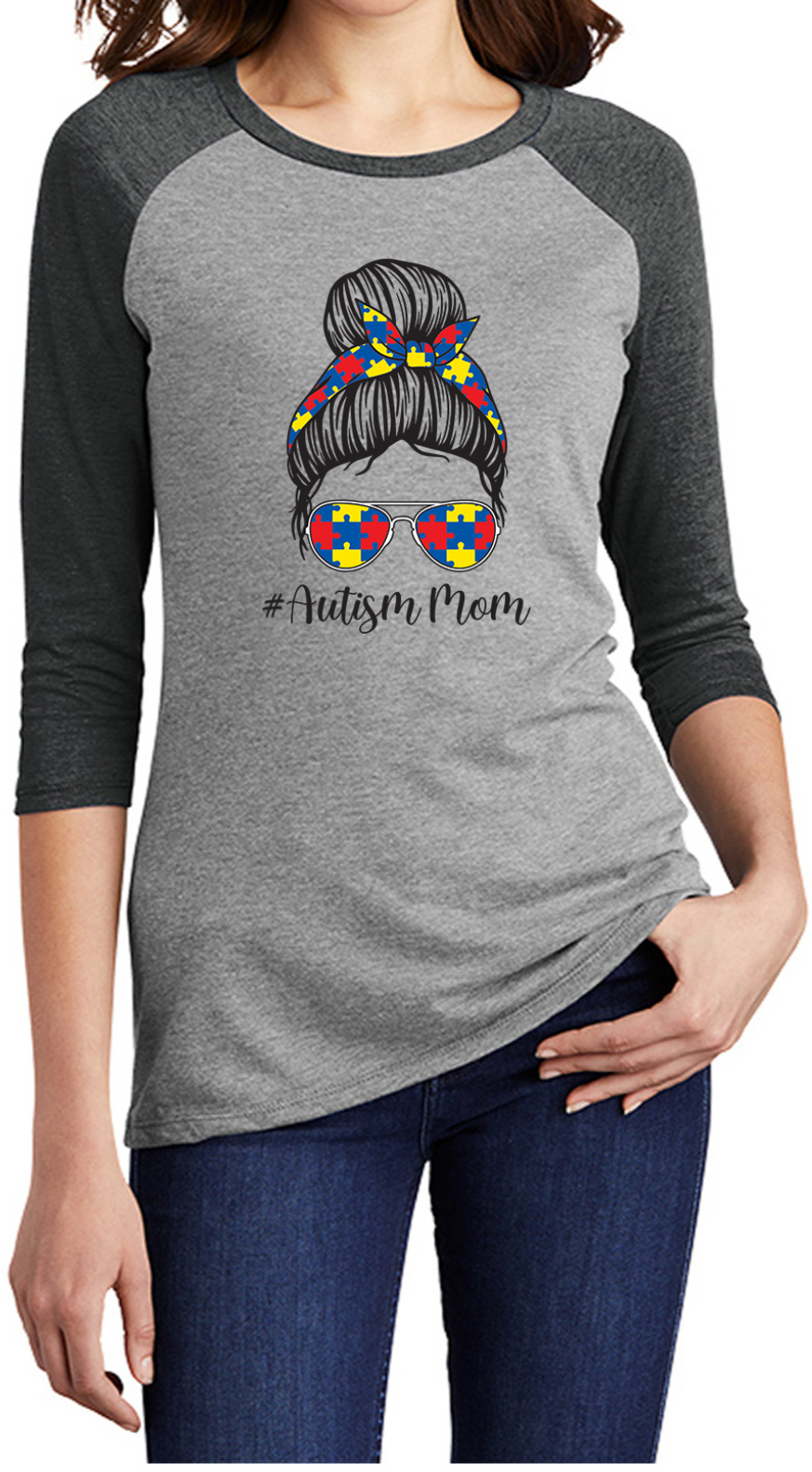 Autism Mom Bun Puzzle Pieces Womens 3/4 Sleeve Raglan Shirt