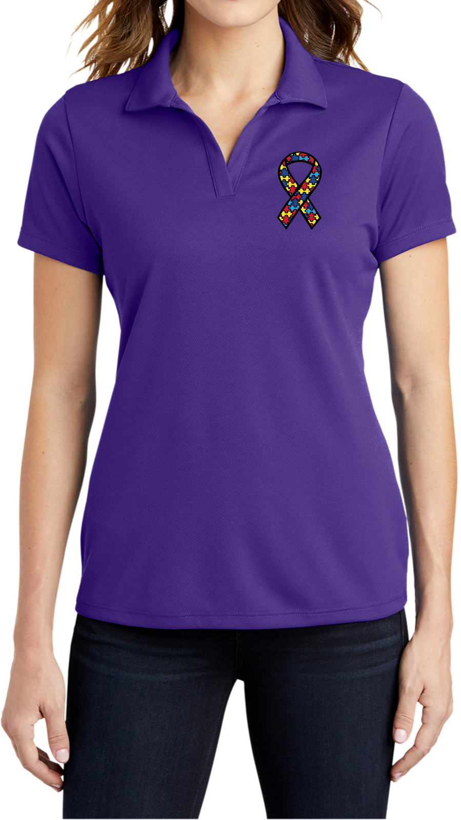 Autism Ribbon Chest Print Ladies Textured Polo Shirt