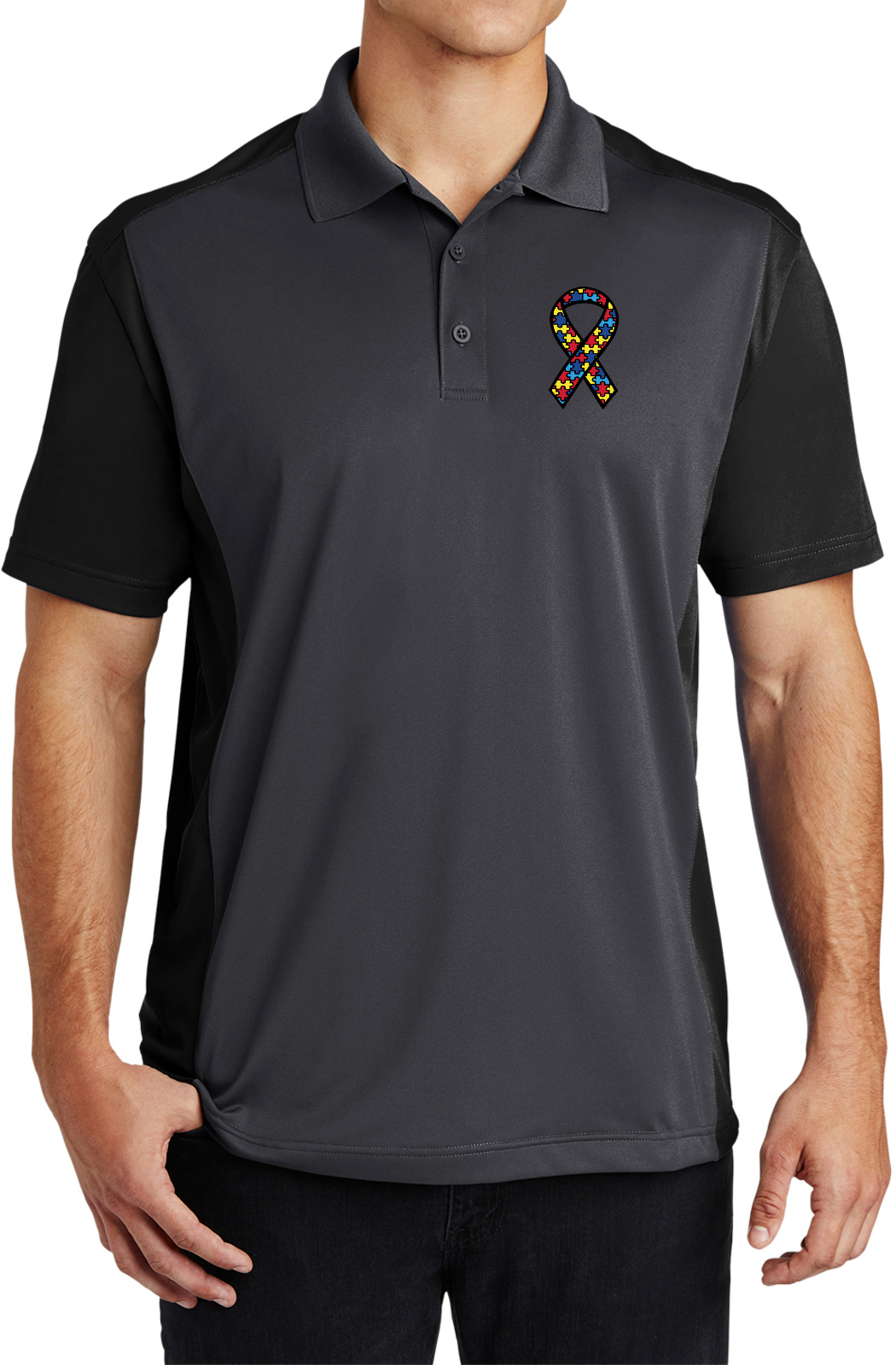 Autism Ribbon Chest Print Colorblock Sport Wick Polo Shirt