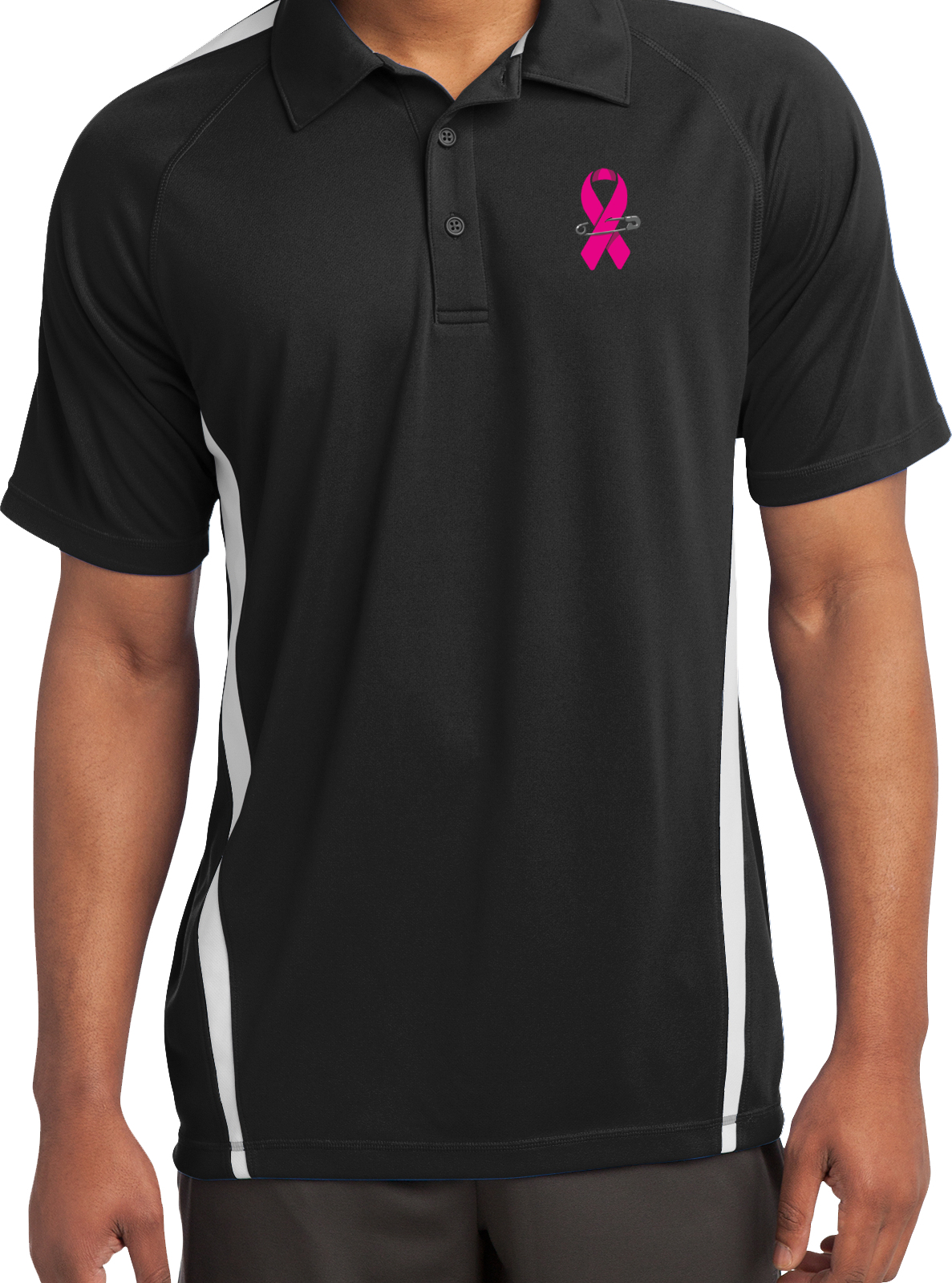 Breast Cancer Micro Mesh Colorblock Polo Pink Ribbon Pin Pocket Print