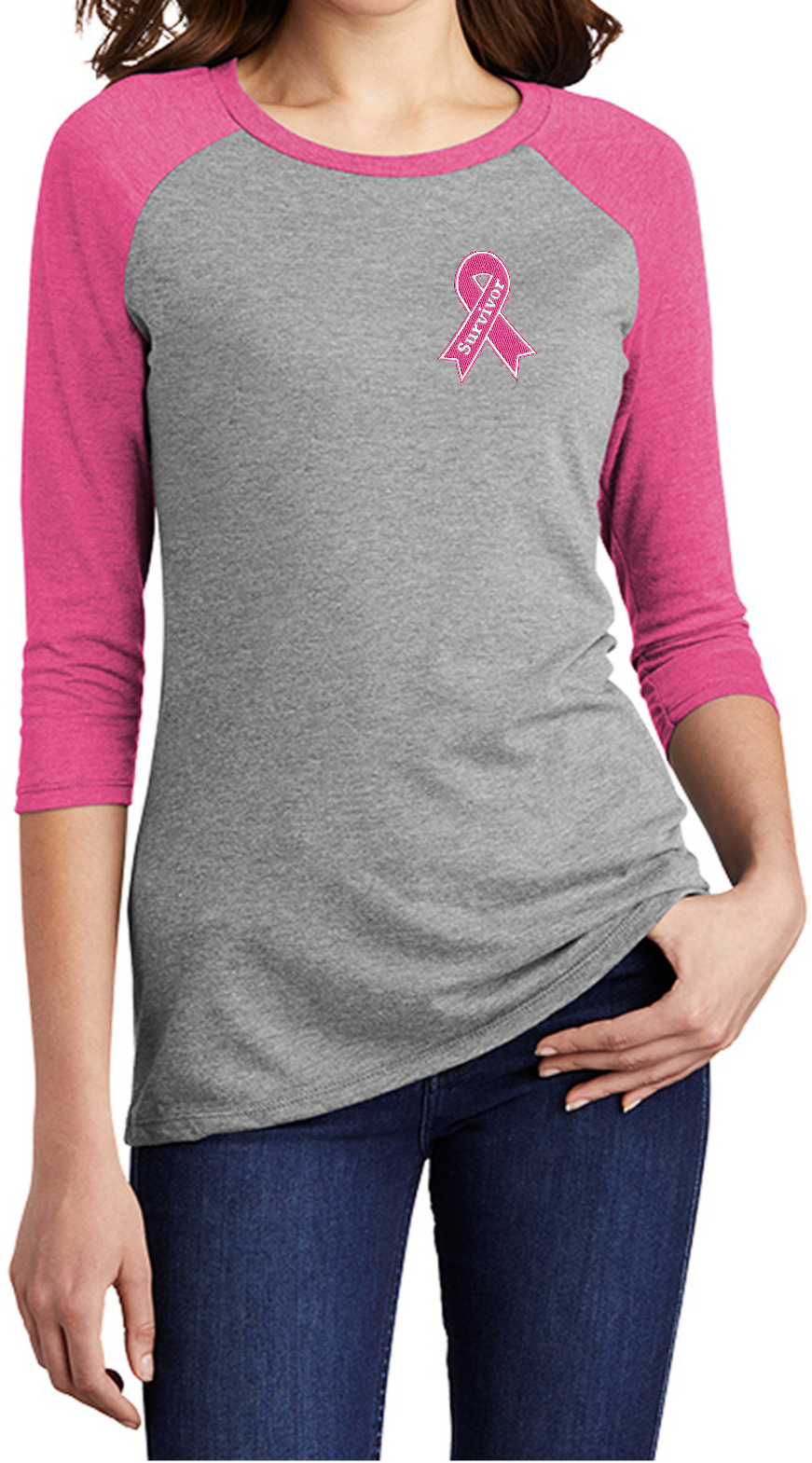 Breast Cancer Survivor Ribbon Patch Chest Print Womens 3/4 Sleeve Raglan Shirt