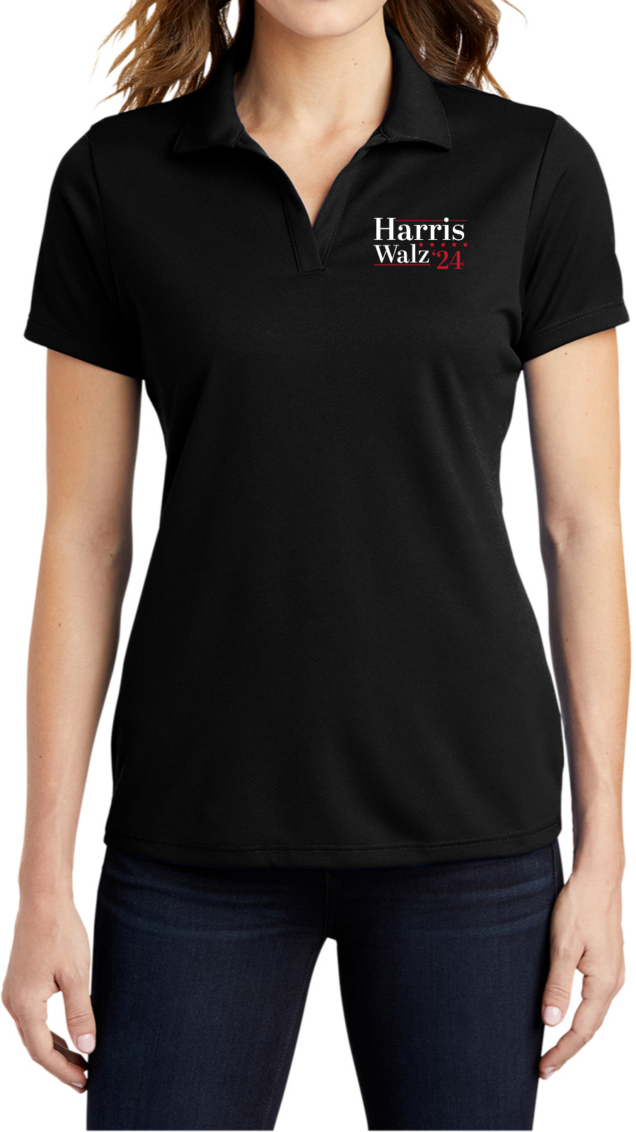 Kamala Harris Walz 2024 Chest Print Ladies Textured Polo Shirt