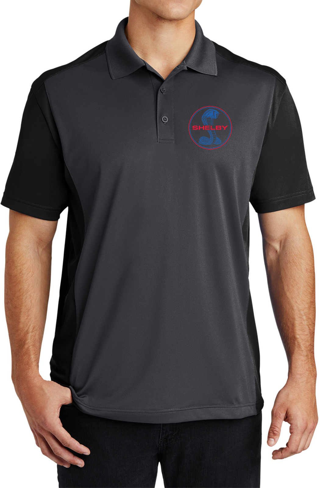 Shelby Cobra Blue and Red Chest Print Colorblock Sport Wick Polo Shirt