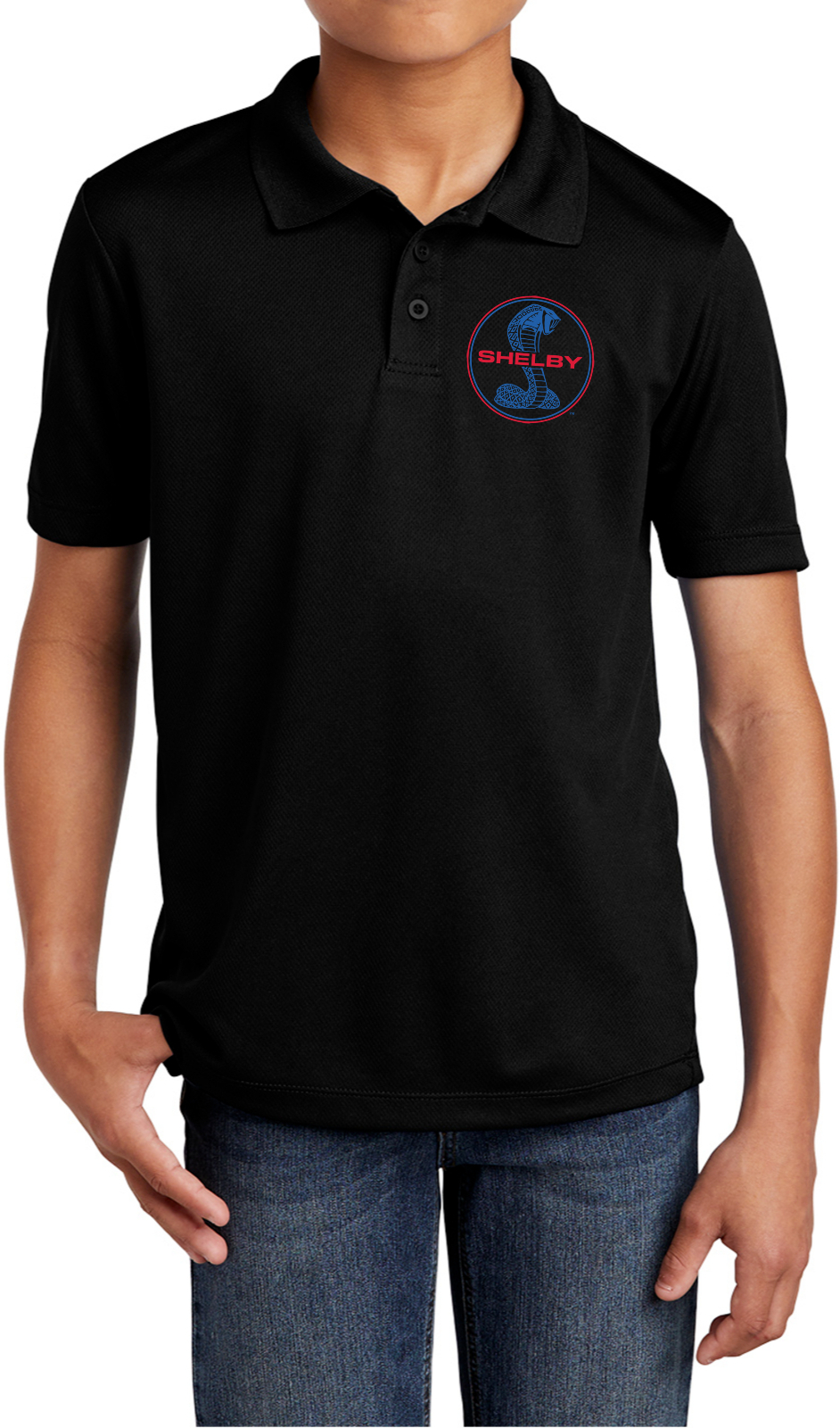 Shelby Cobra Blue and Red Chest Print Youth Polo Shirt