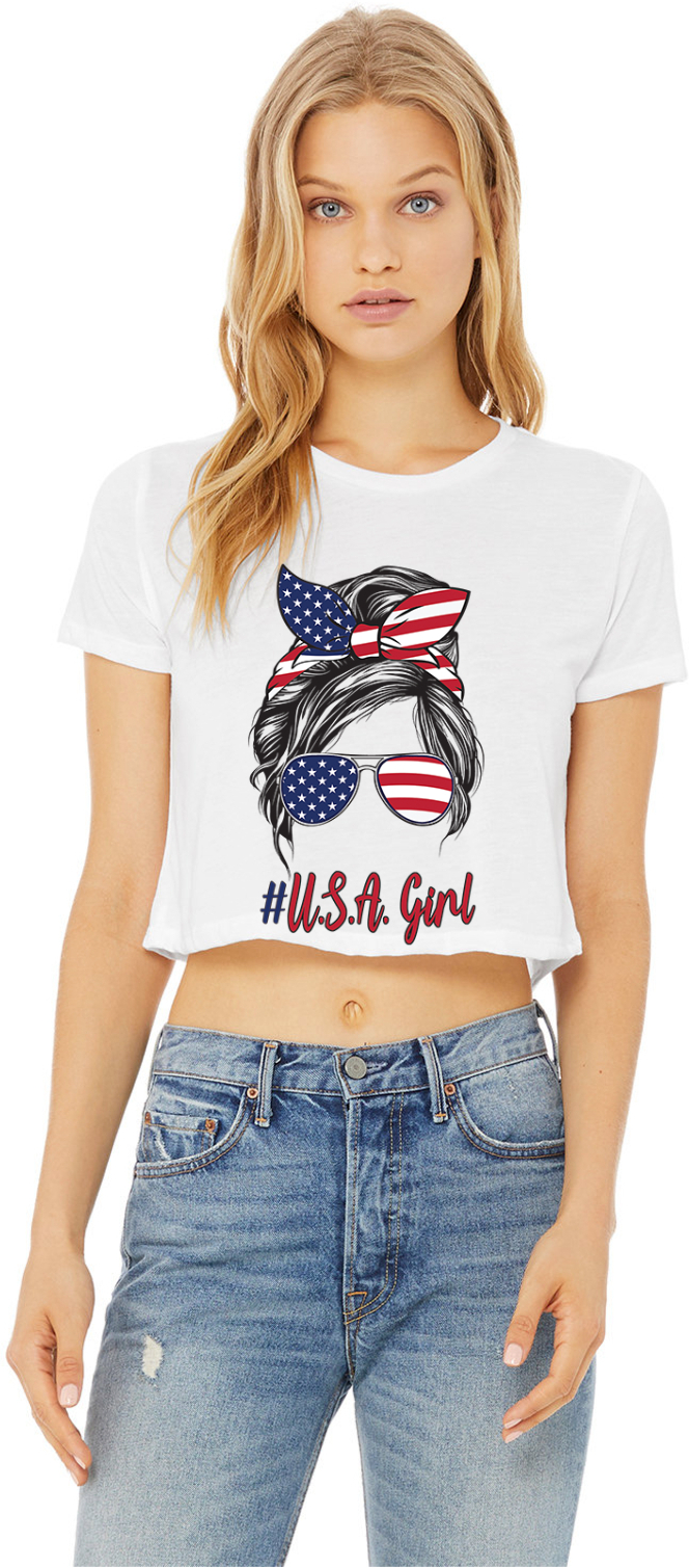 Mom Bun US Flag USA Girl Womens Crop T-Shirt - Picture 3 of 5