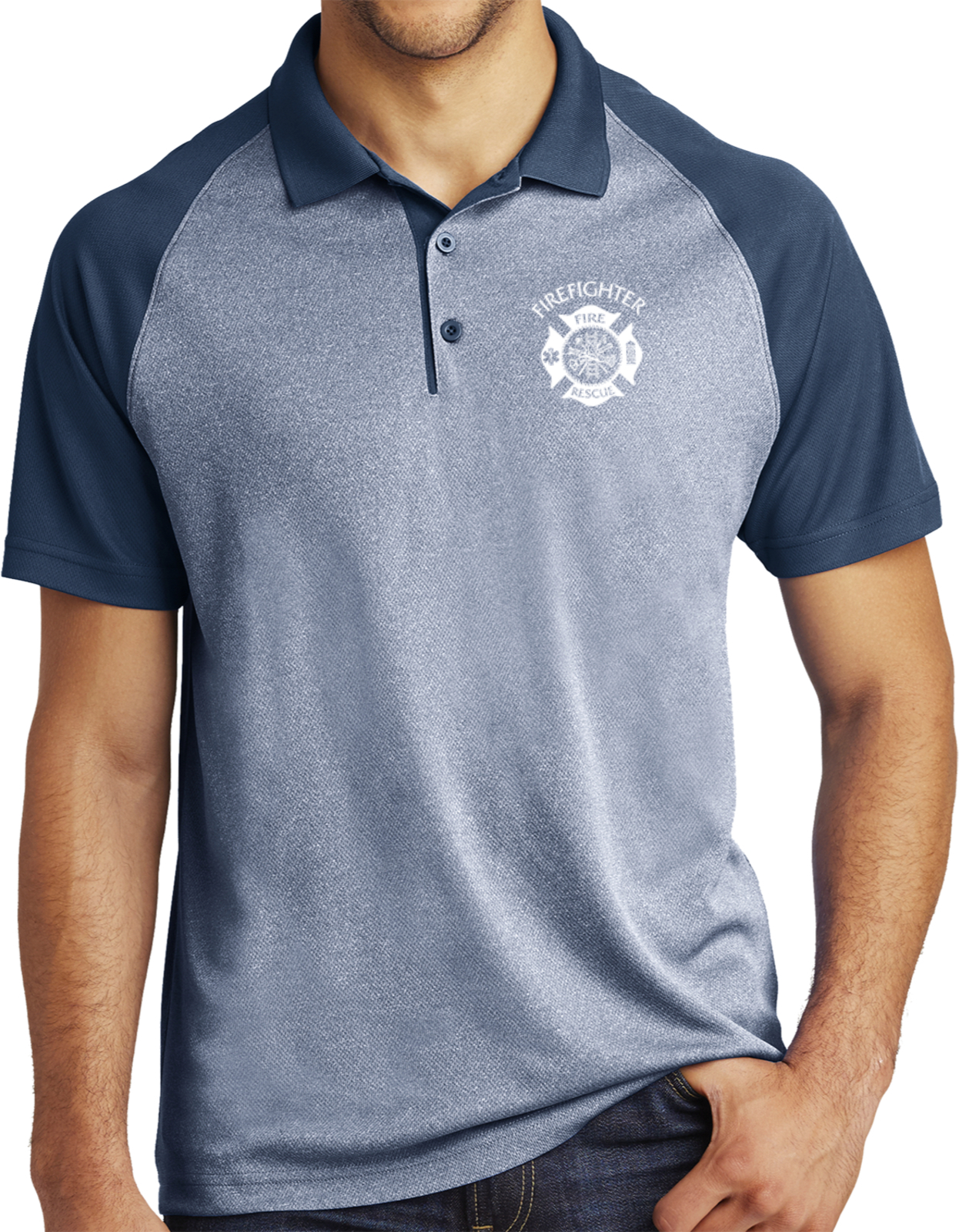 Firefighter Fire Rescue Chest Print Raglan Polo Shirt
