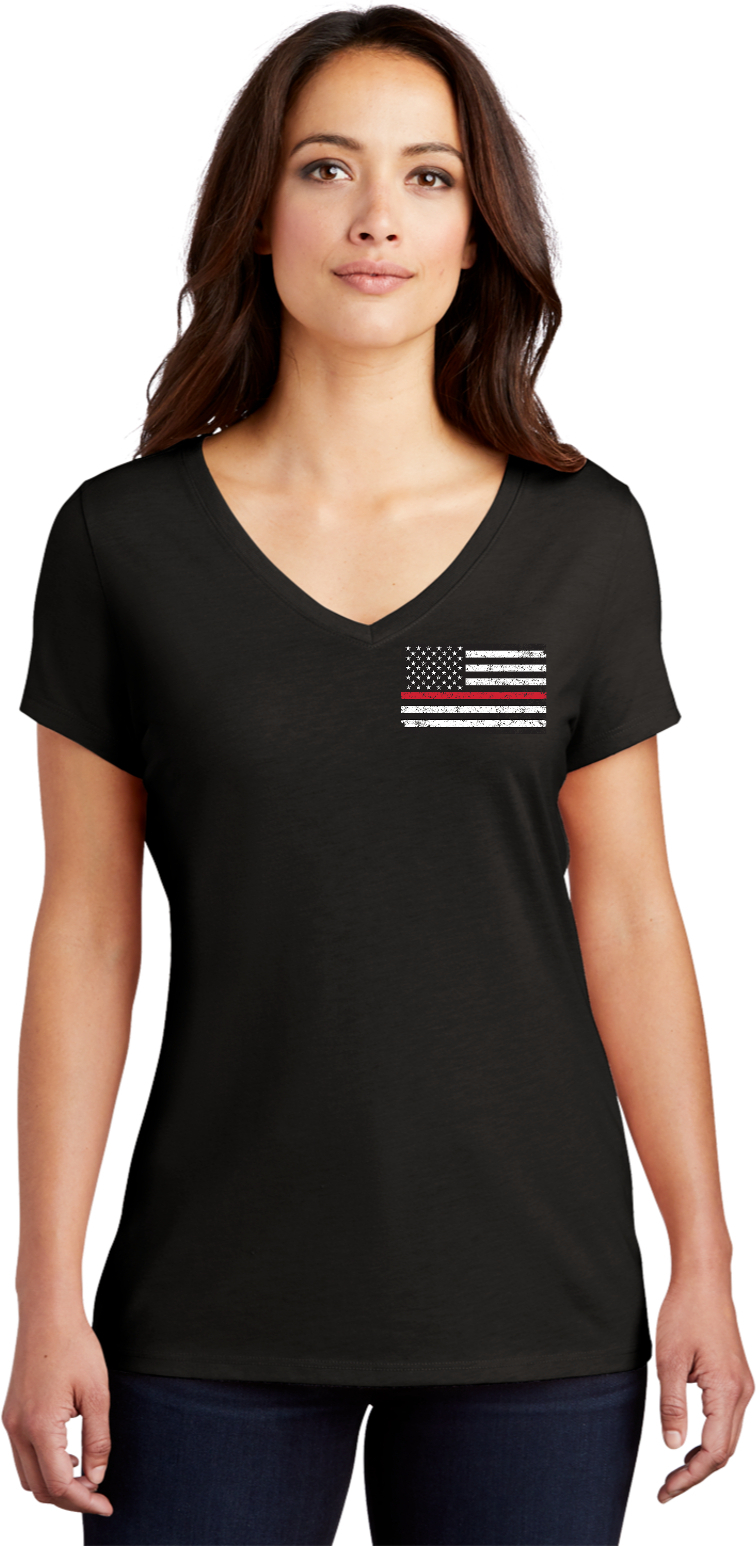 US Flag Thin Red Line Firefighter Womens Tri Blend V-neck T-Shirt