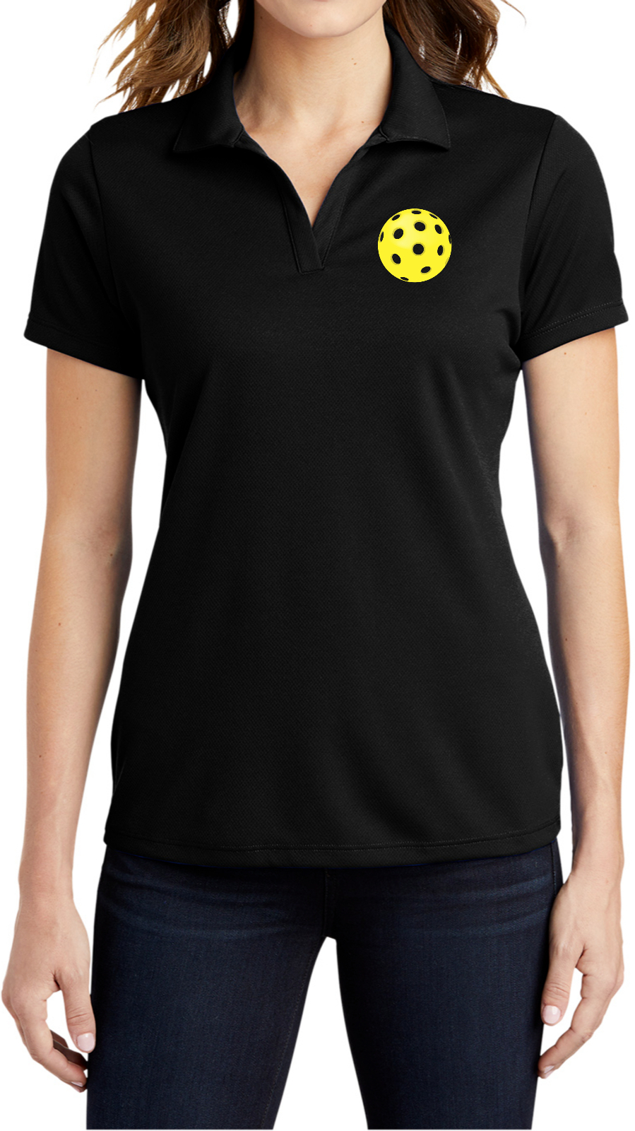 Pickleball Yellow Ball Chest Print Ladies Textured Polo Shirt Pickleball Yellow Ball Chest Print Ladies Textured Polo Shirt