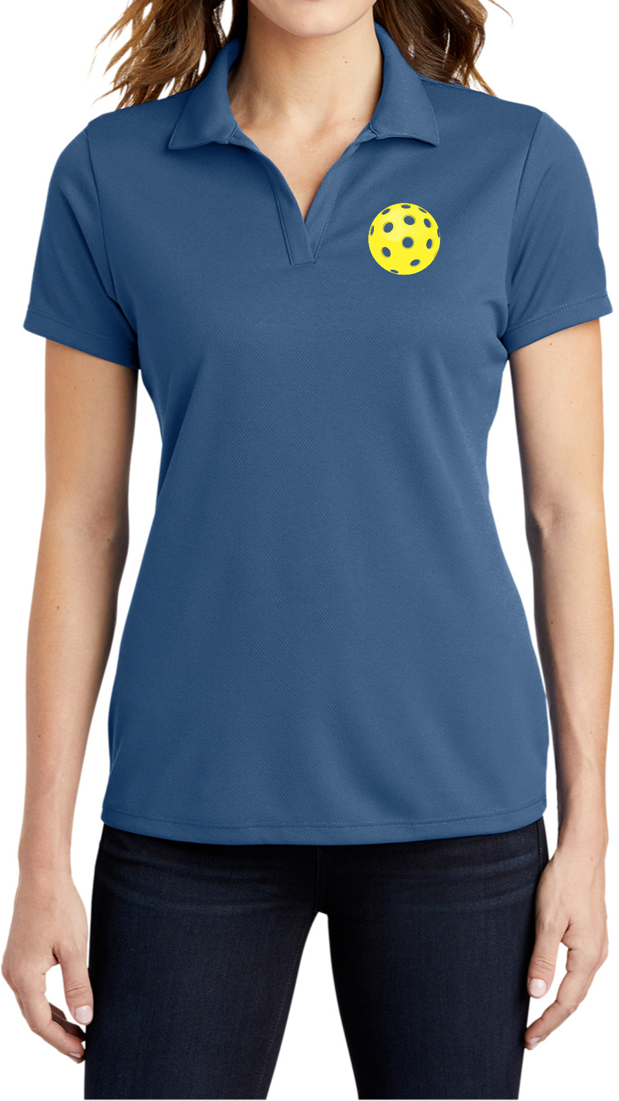 Pickleball Yellow Ball Chest Print Ladies Textured Polo Shirt Pickleball Yellow Ball Chest Print Ladies Textured Polo Shirt