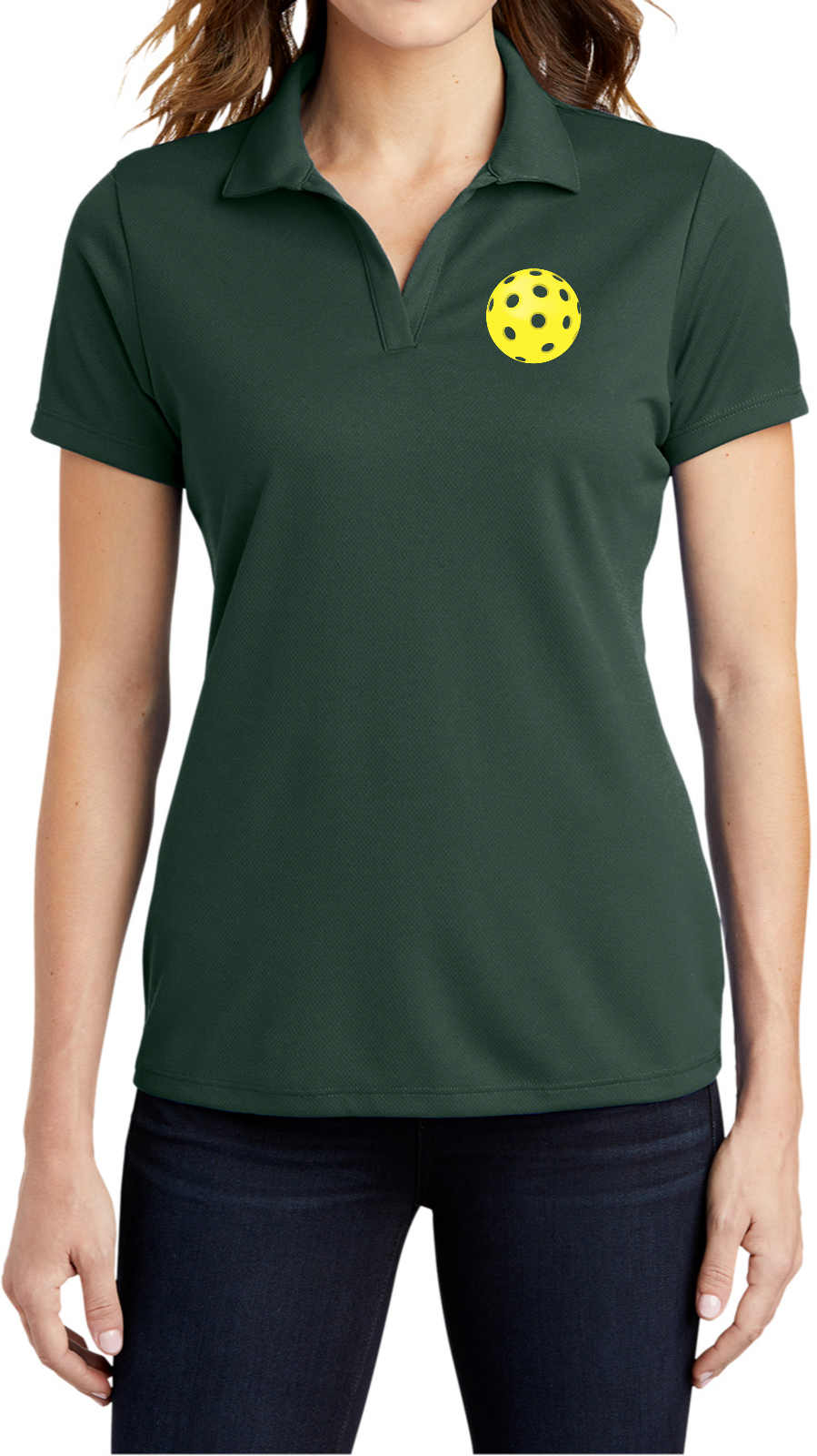 Pickleball Yellow Ball Chest Print Ladies Textured Polo Shirt Pickleball Yellow Ball Chest Print Ladies Textured Polo Shirt