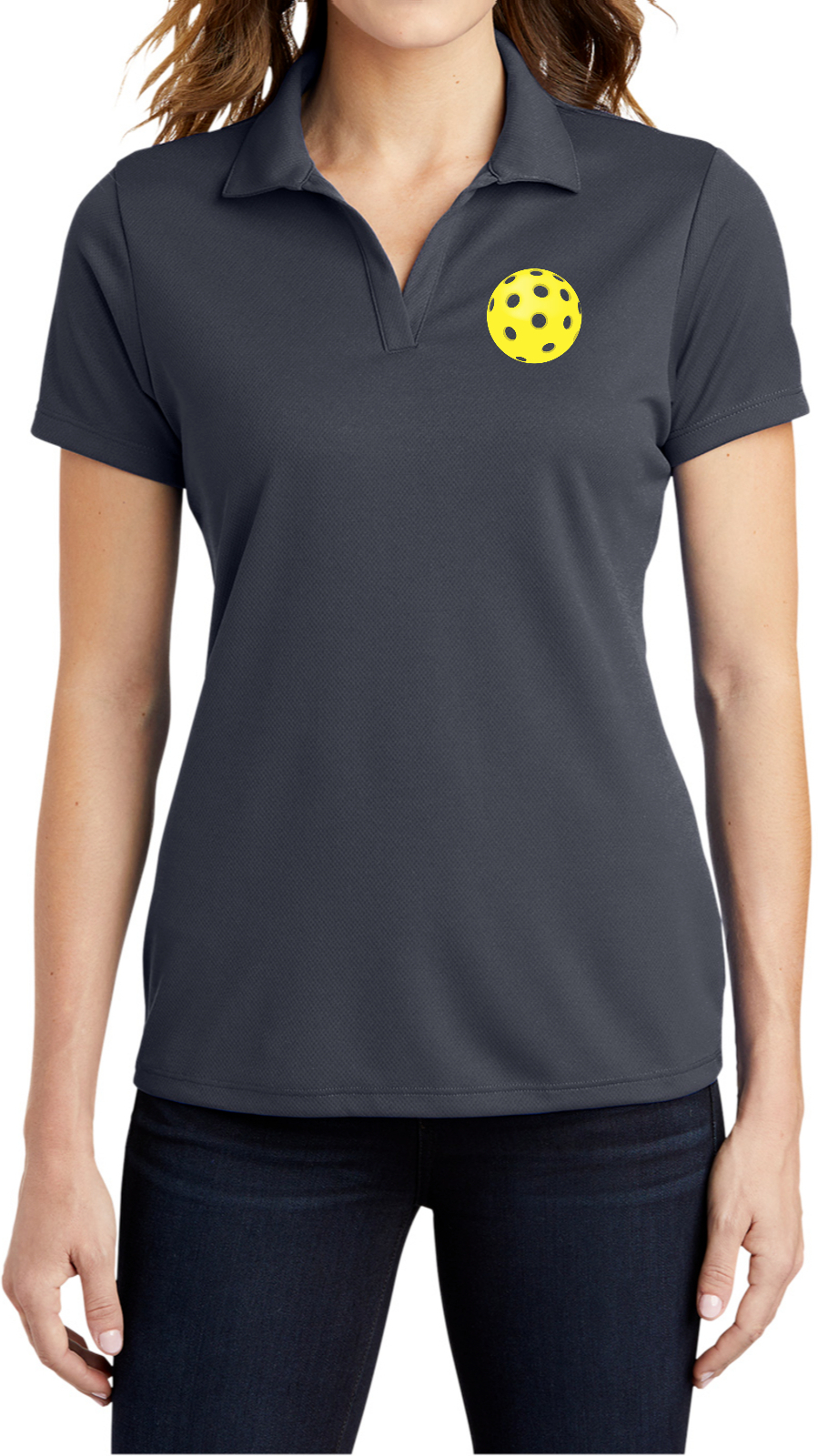 Pickleball Yellow Ball Chest Print Ladies Textured Polo Shirt Pickleball Yellow Ball Chest Print Ladies Textured Polo Shirt