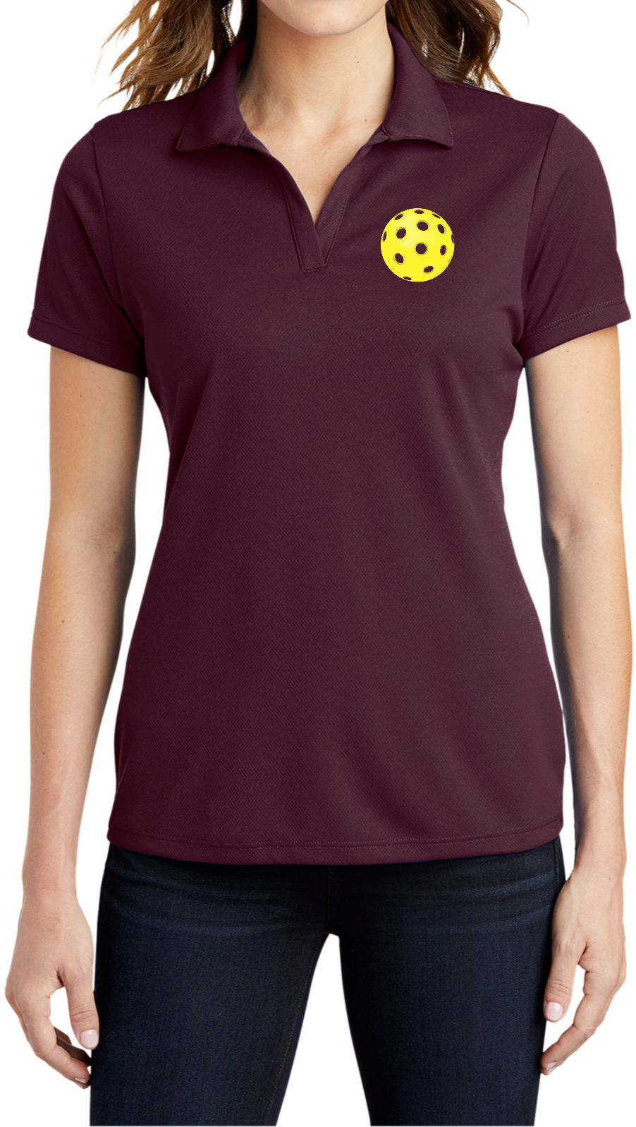 Pickleball Yellow Ball Chest Print Ladies Textured Polo Shirt Pickleball Yellow Ball Chest Print Ladies Textured Polo Shirt