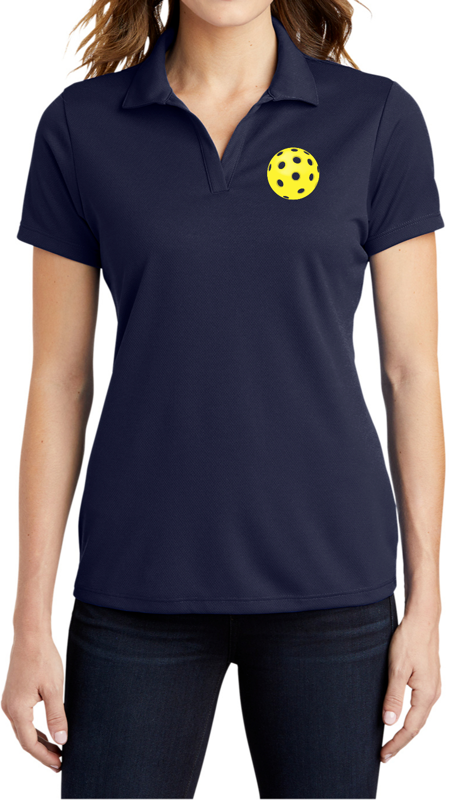 Pickleball Yellow Ball Chest Print Ladies Textured Polo Shirt Pickleball Yellow Ball Chest Print Ladies Textured Polo Shirt