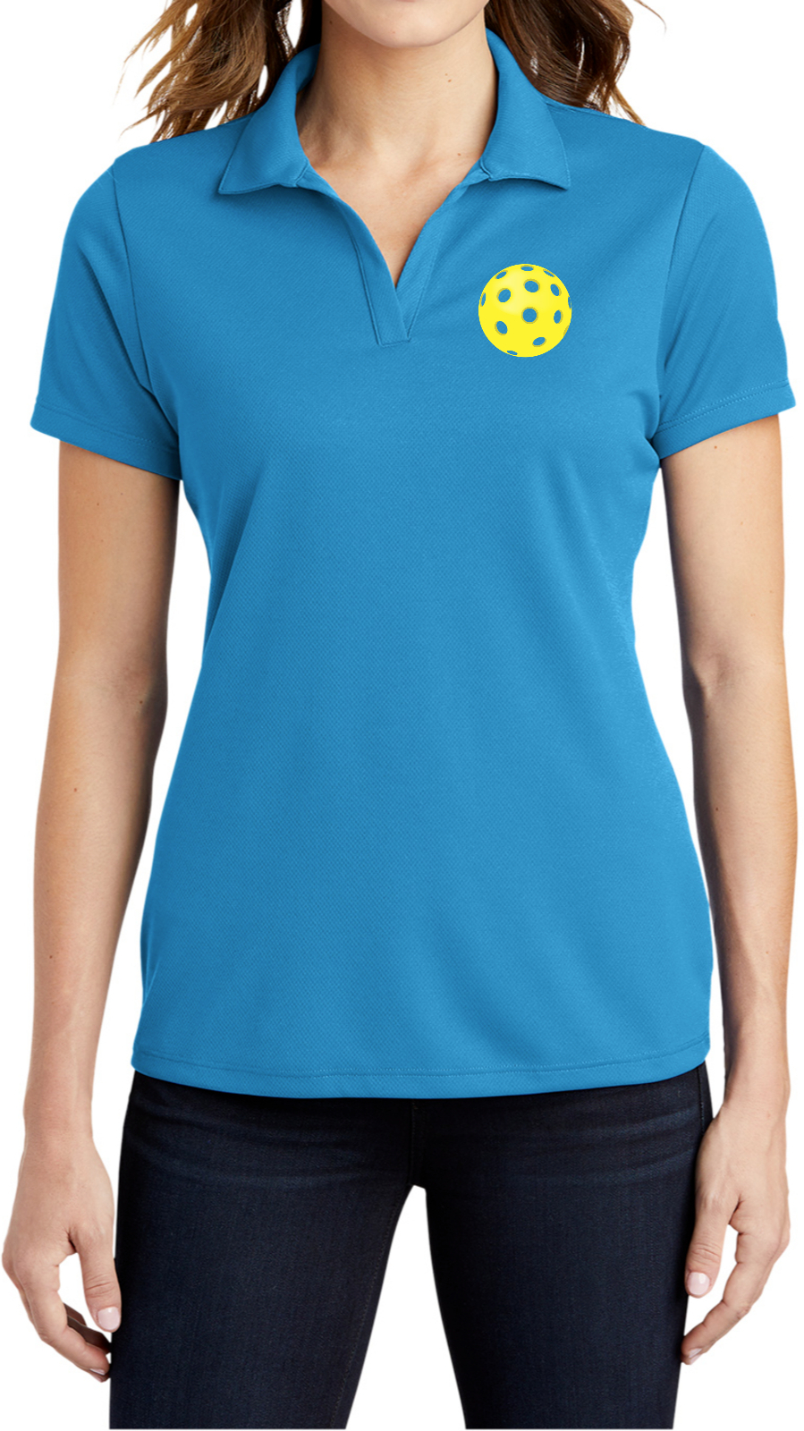 Pickleball Yellow Ball Chest Print Ladies Textured Polo Shirt Pickleball Yellow Ball Chest Print Ladies Textured Polo Shirt