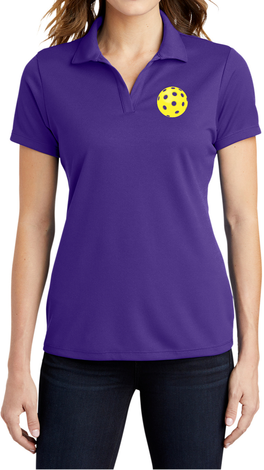 Pickleball Yellow Ball Chest Print Ladies Textured Polo Shirt Pickleball Yellow Ball Chest Print Ladies Textured Polo Shirt