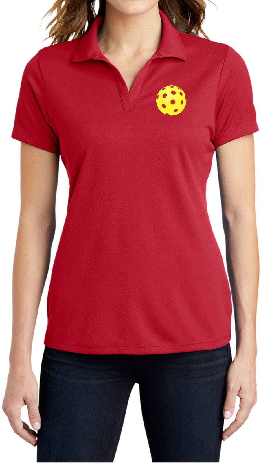 Pickleball Yellow Ball Chest Print Ladies Textured Polo Shirt Pickleball Yellow Ball Chest Print Ladies Textured Polo Shirt