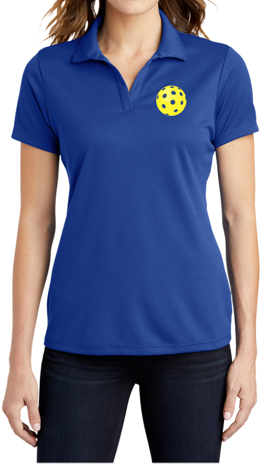 Pickleball Yellow Ball Chest Print Ladies Textured Polo Shirt Pickleball Yellow Ball Chest Print Ladies Textured Polo Shirt