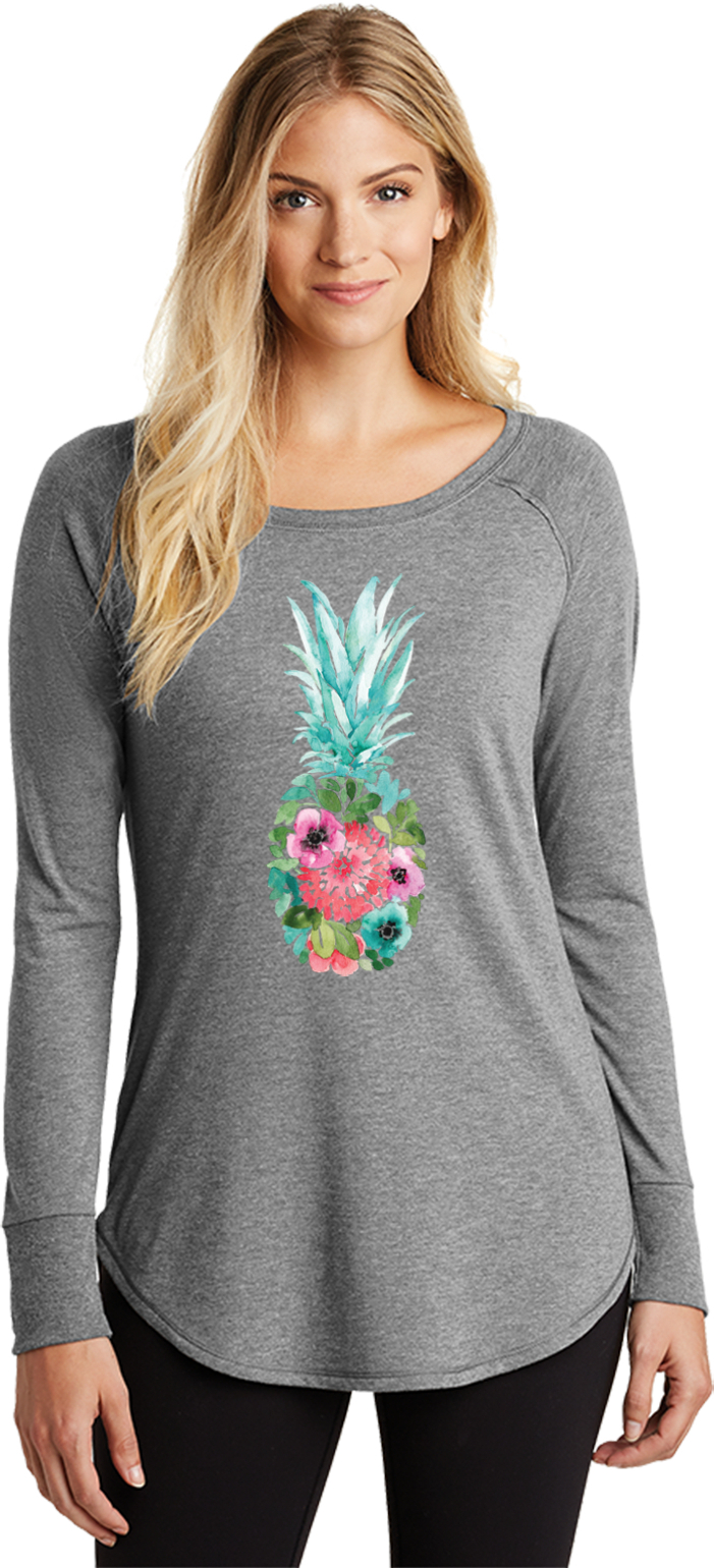 Floral Pineapple Ladies Tri Blend Long Sleeve Shirt