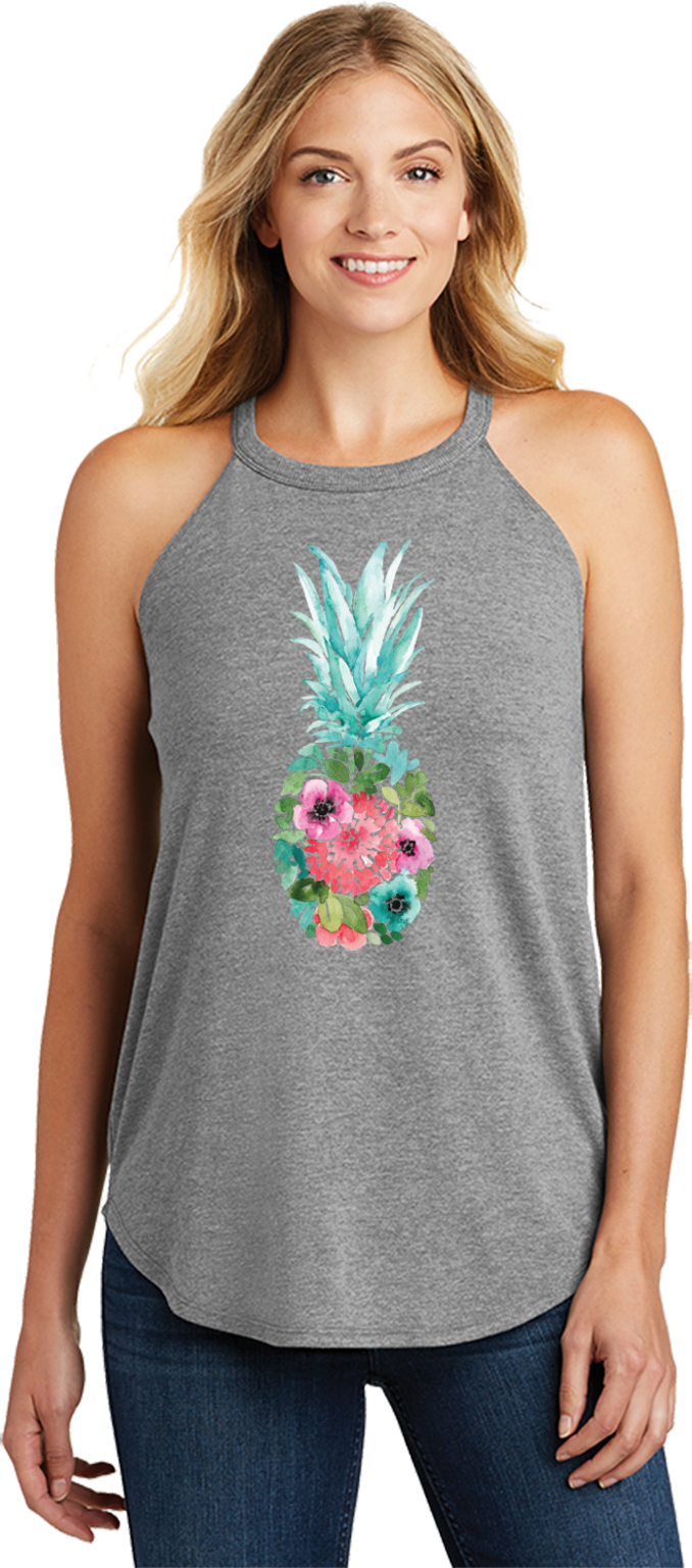 Floral Pineapple Ladies Tri Rocker Tank Top
