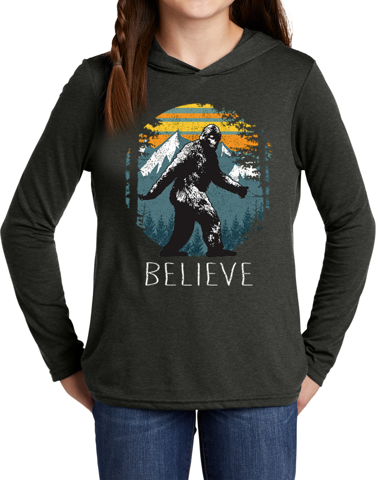 Sasquatch Believe Retro Bigfoot Kids Long Sleeve Hoodie - Picture 3 of 11