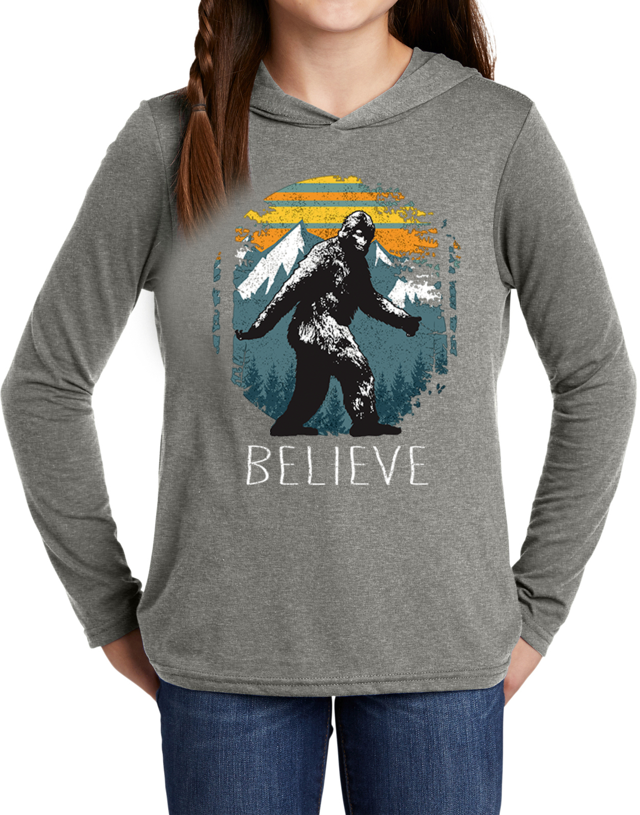Sasquatch Believe Retro Bigfoot Kids Long Sleeve Hoodie - Picture 6 of 11