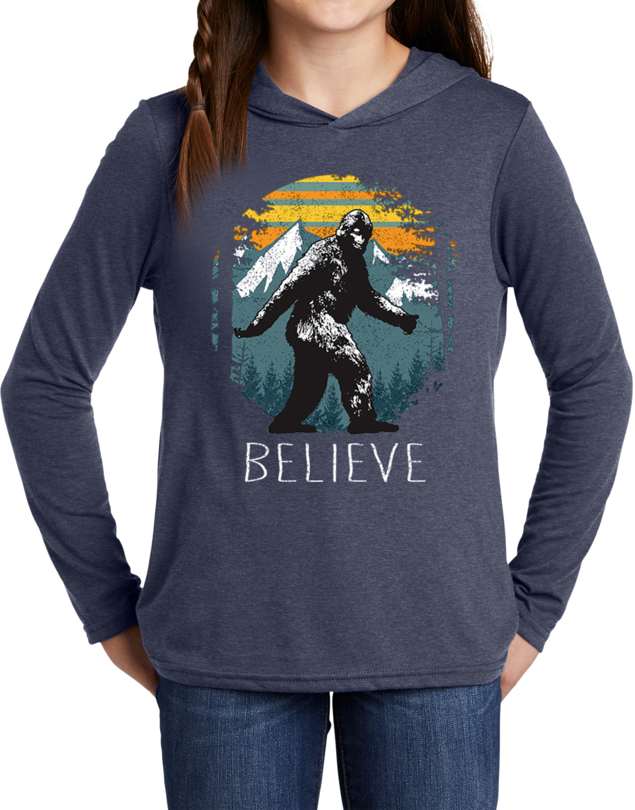 Sasquatch Believe Retro Bigfoot Kids Long Sleeve Hoodie - Picture 9 of 11