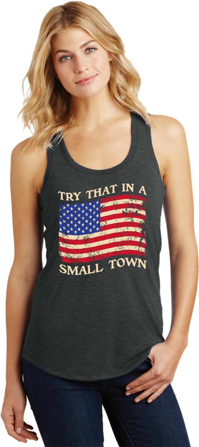Small Town Distressed US Flag Womens Racerback Tank Top