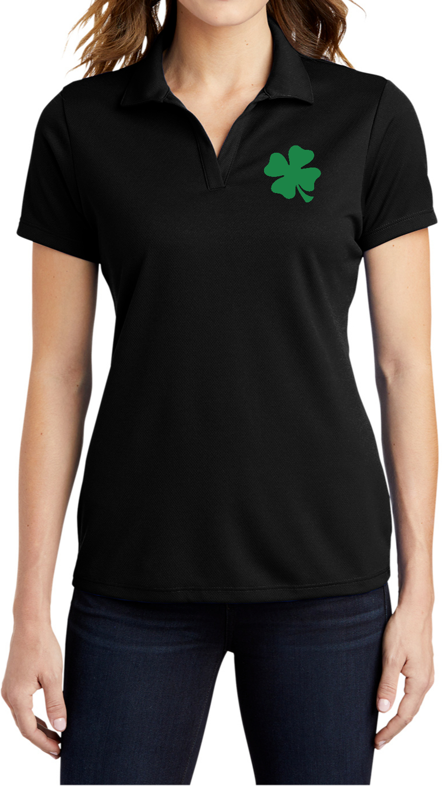 St Patricks Day Four Leaf Clover Chest Print Ladies Textured Polo Shirt
