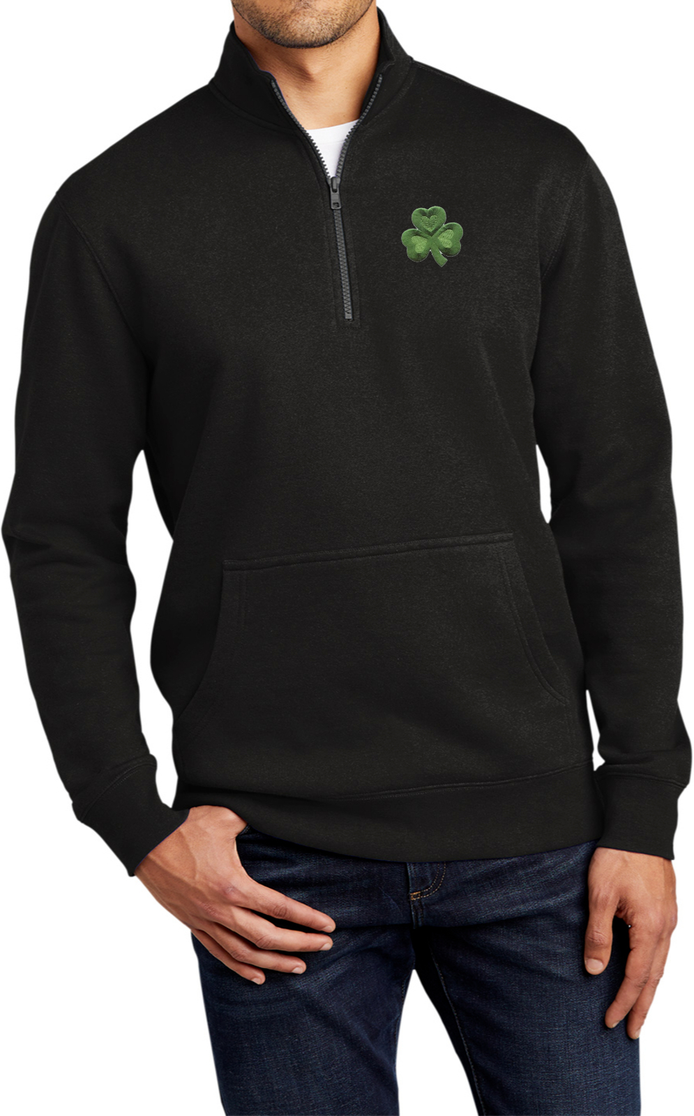 St Patricks Day Shamrock Patch Chest Print 1/4 Zip Fleece Sweatshirt - Picture 3 of 18