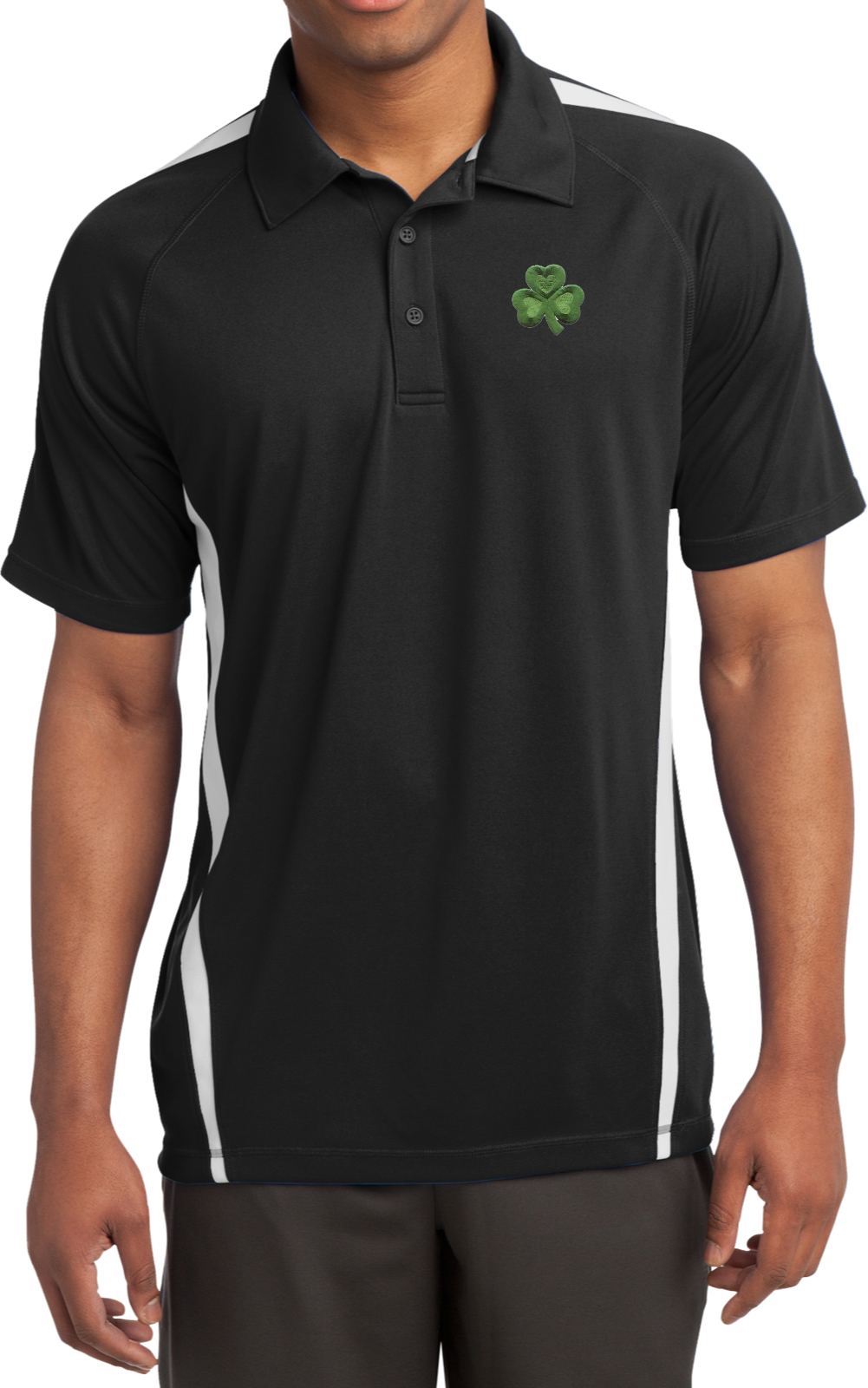 St Patricks Day Shamrock Pocket Print Micro Mesh Colorblock Polo