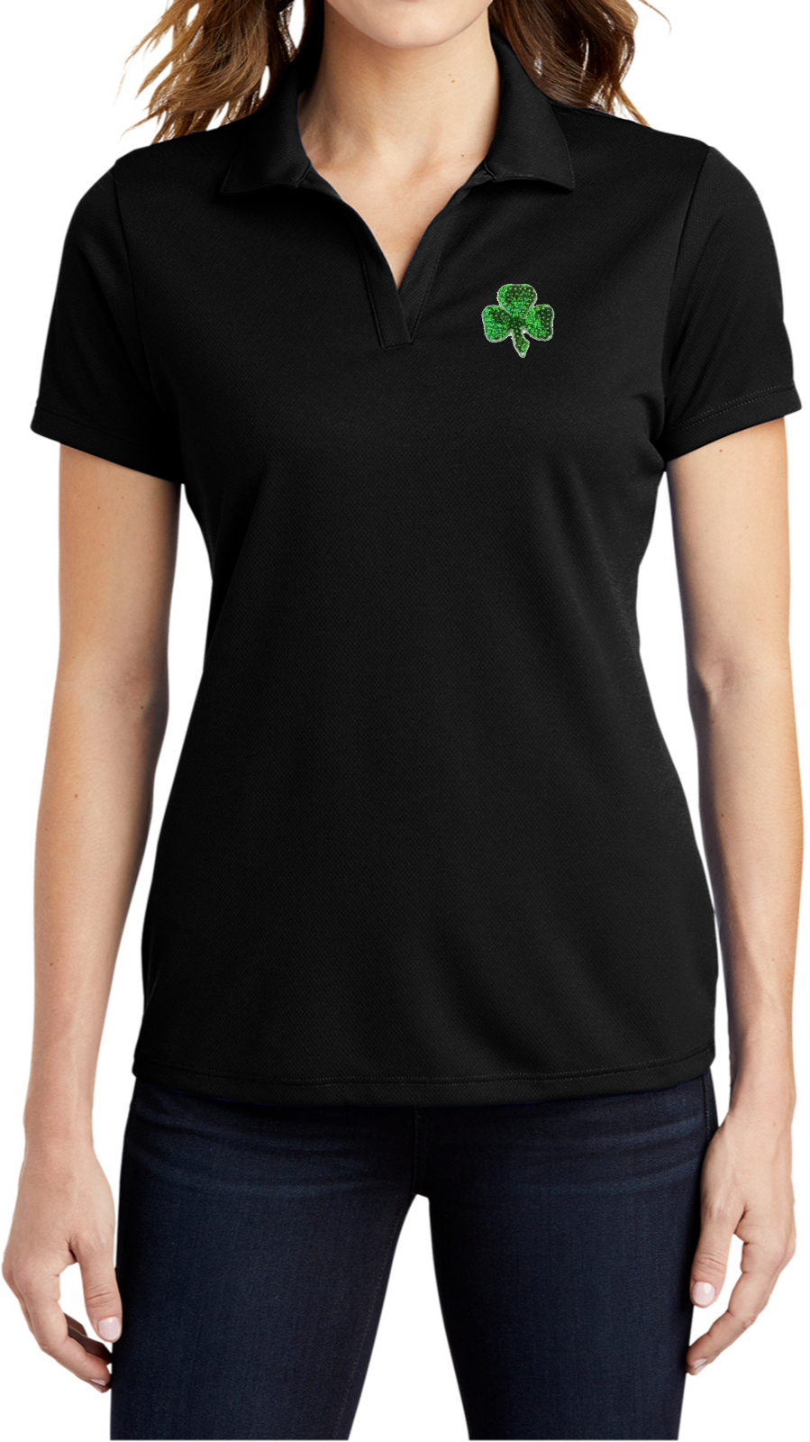 St Patricks Day Shamrock Sequins Chest Print Ladies Textured Polo Shirt