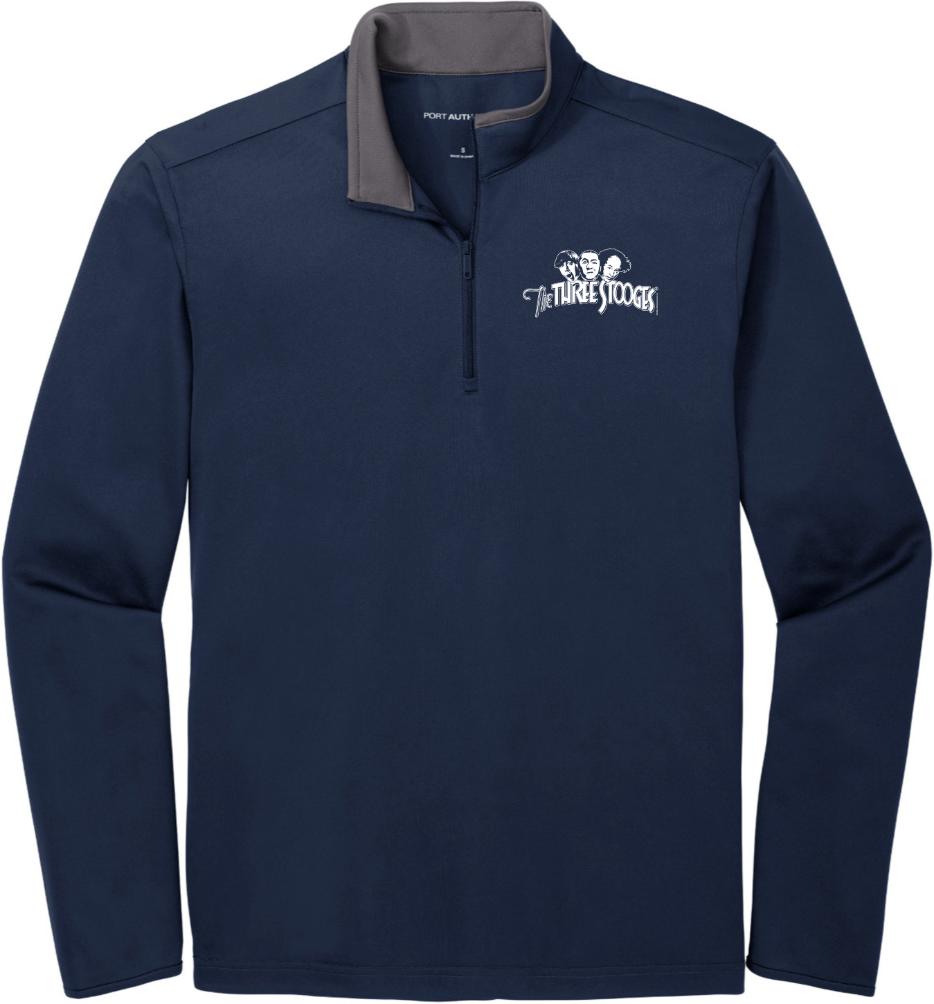 Three Stooges White Logo Chest Print 1/4 Zip Silk Touch Performance Shirt