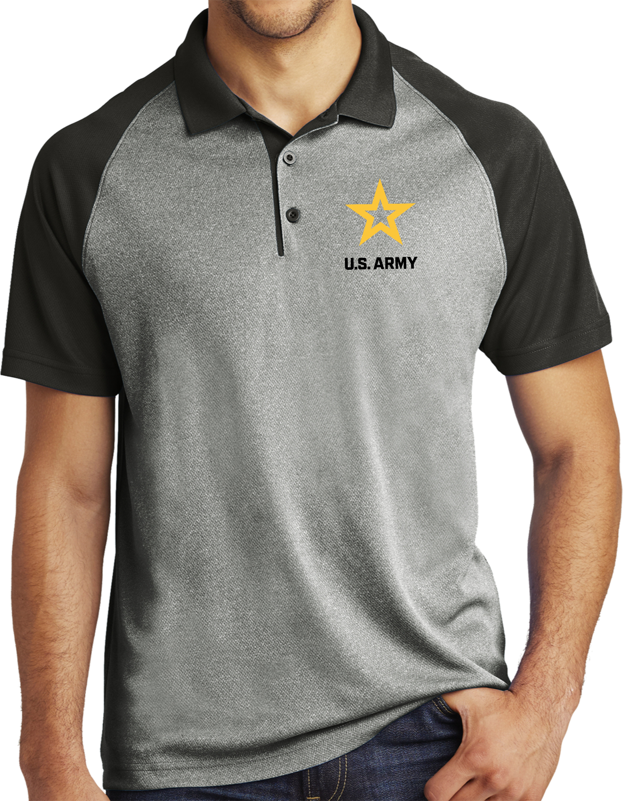 US Army Star Logo Black Chest Print Raglan Polo Shirt