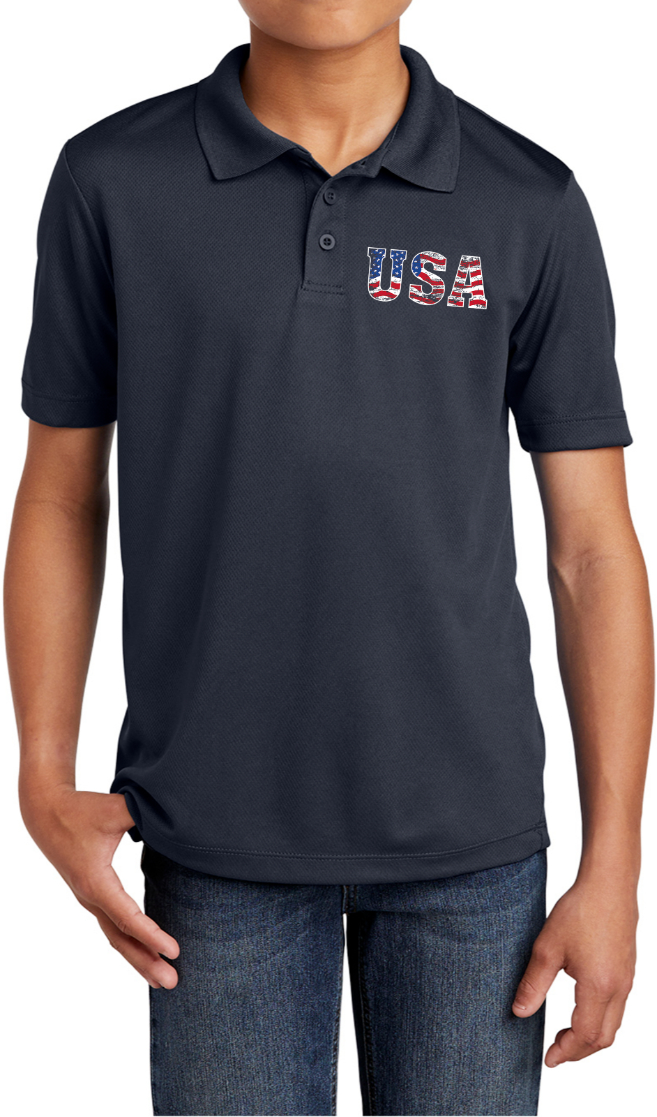 USA Distressed Chest Print Youth Polo Shirt - Picture 7 of 18