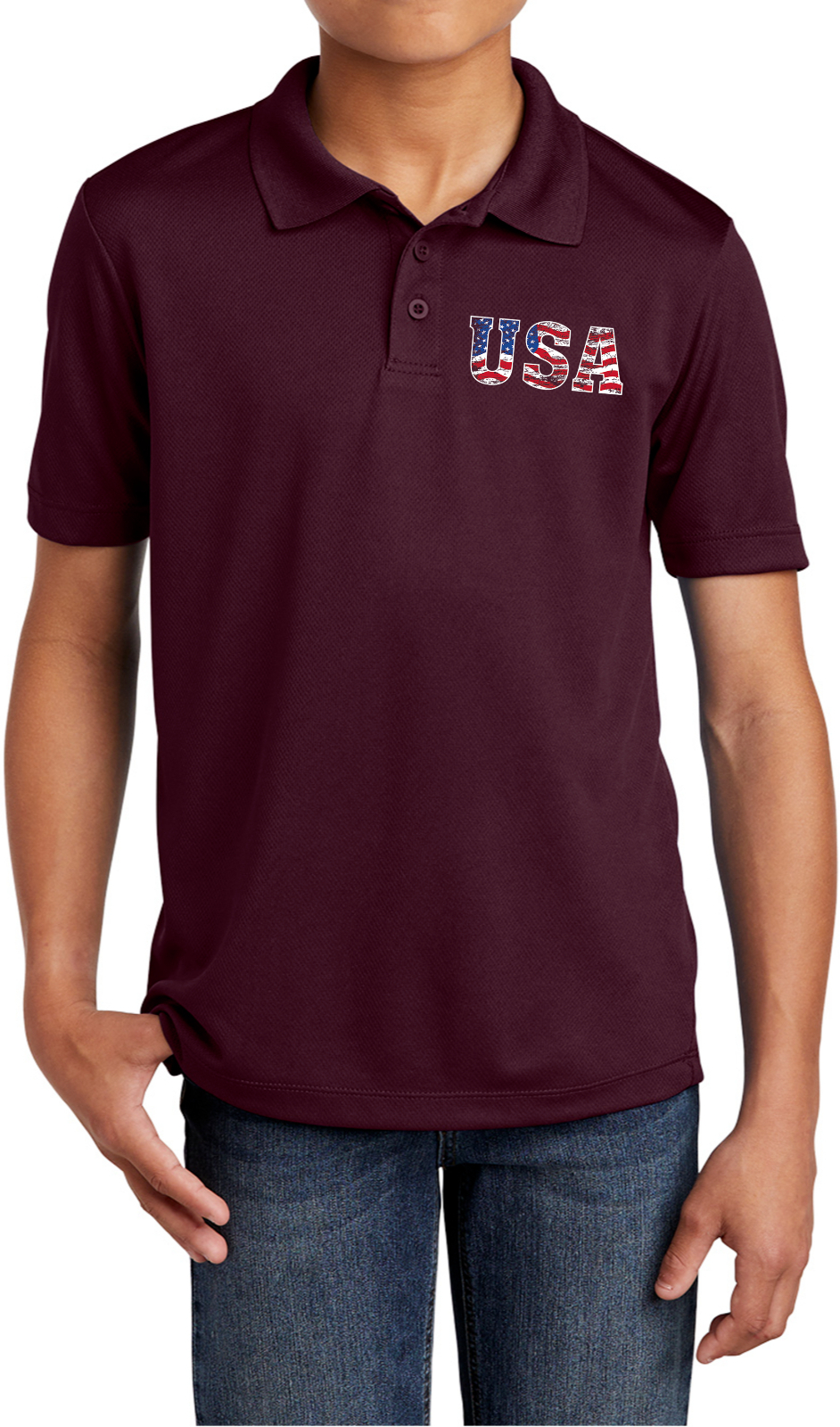 USA Distressed Chest Print Youth Polo Shirt - Picture 11 of 18