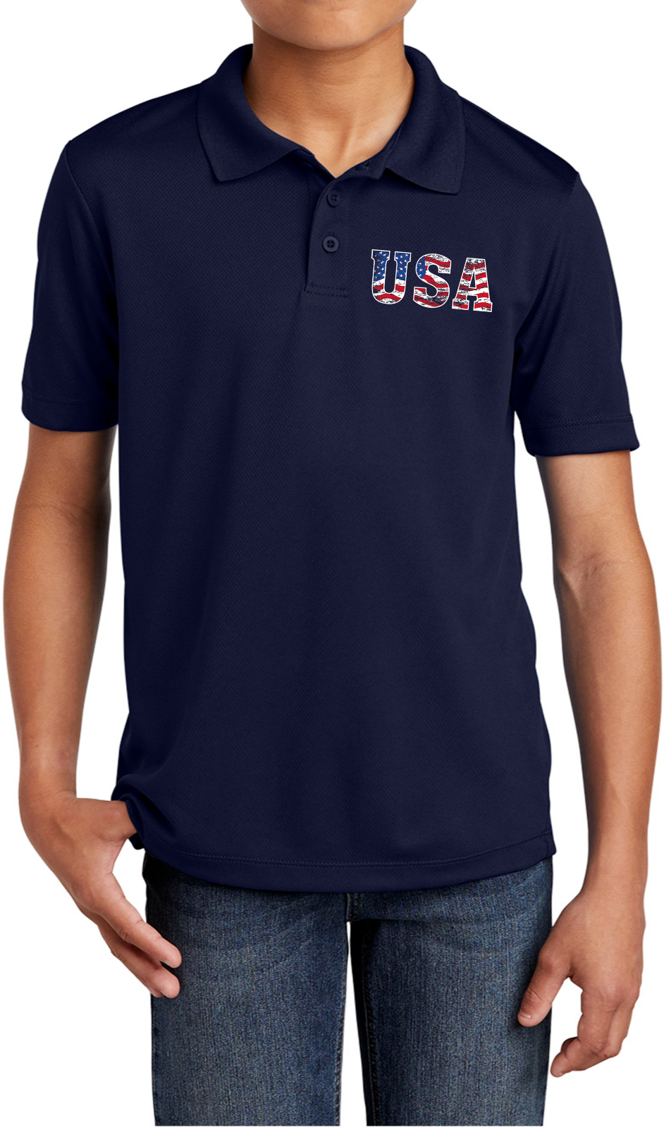 USA Distressed Chest Print Youth Polo Shirt - Picture 15 of 18