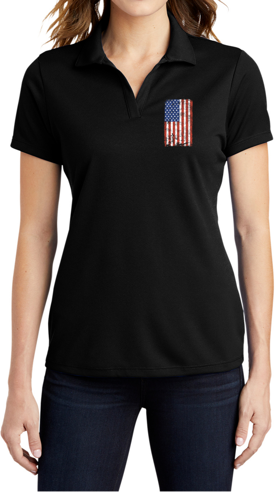 Vertical USA Grunge Flag Ladies Textured Polo Shirt